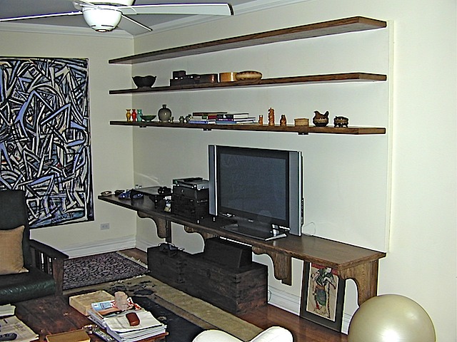 open walnut shelving